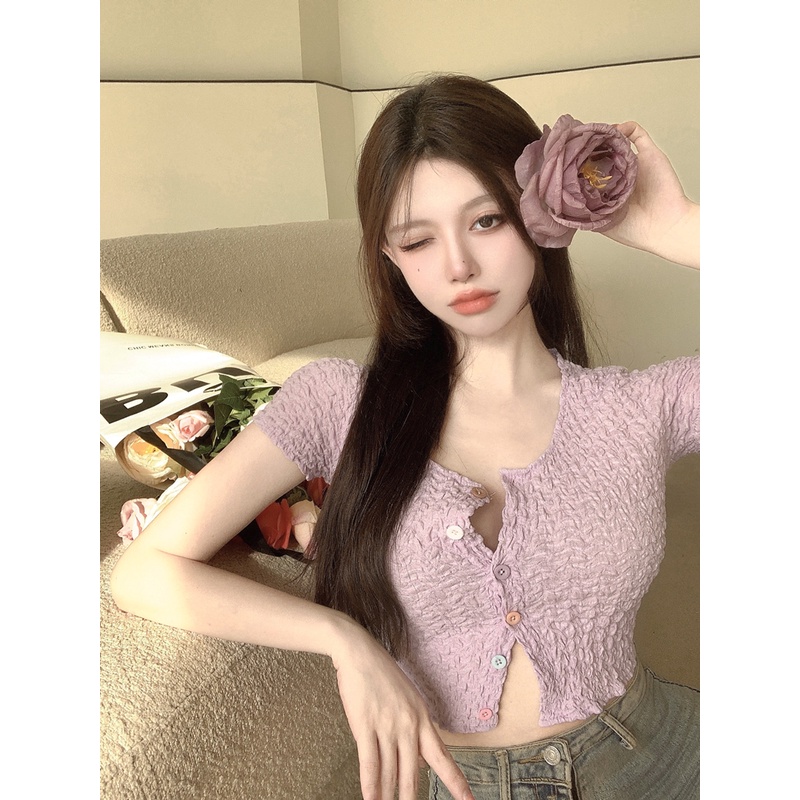 Áo Croptop Cổ Vuông Ngắn Tay Phong Cách Hàn Quốc Thời Trang Dành Cho Nữ