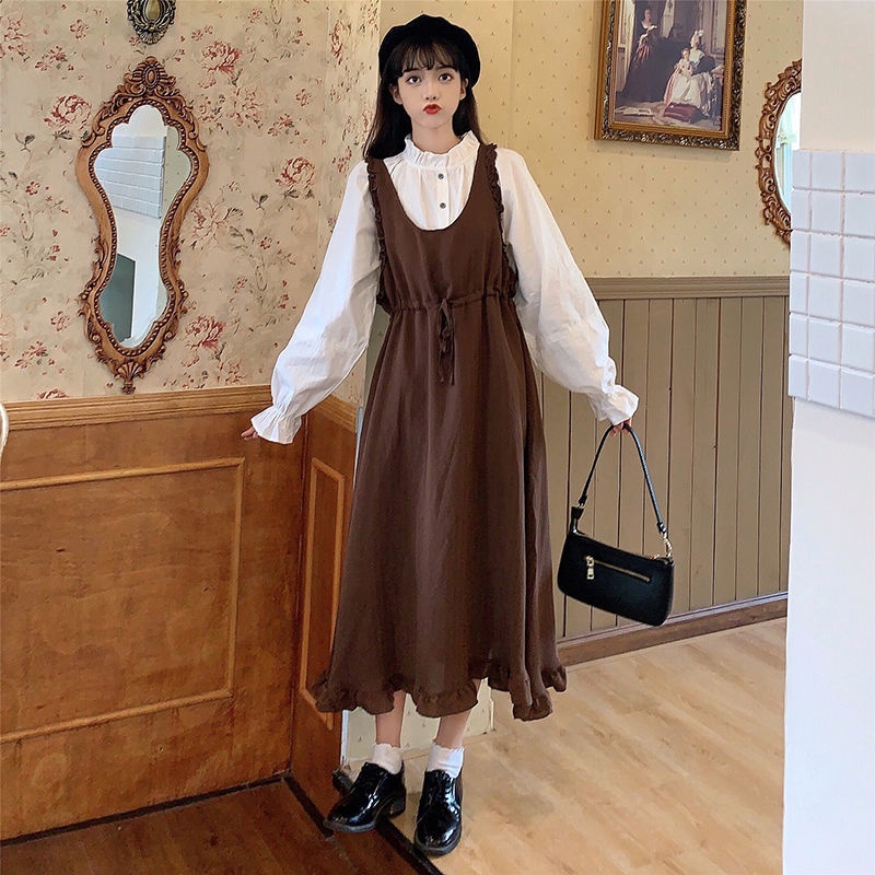 Set Đầm Hai Dây Phong Cách Retro Hàn Quốc Cho Nữ
