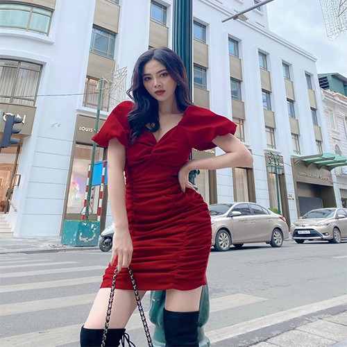 Váy đầm nữ nhung nhún màu đỏ hàng thiết kế độc quyền nhà Min N001