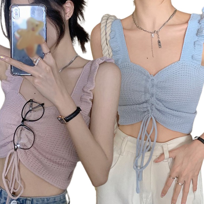 Áo Croptop Dệt Kim Sát Nách Cổ Chữ V Dáng Ôm Phối Dây Rút Thời Trang Mùa Hè Quyến Rũ Cho Nữ
