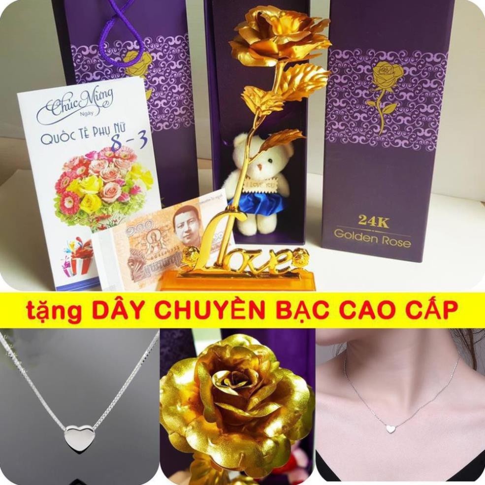 Hộp Hoa Hồng Mạ Vàng 24k sang chảnh 8 món - Tặng kèm dây chuyền bạc, Quà tặng sinh nhật,  8/3, 20/10 các ngày lễ kỉ niệm