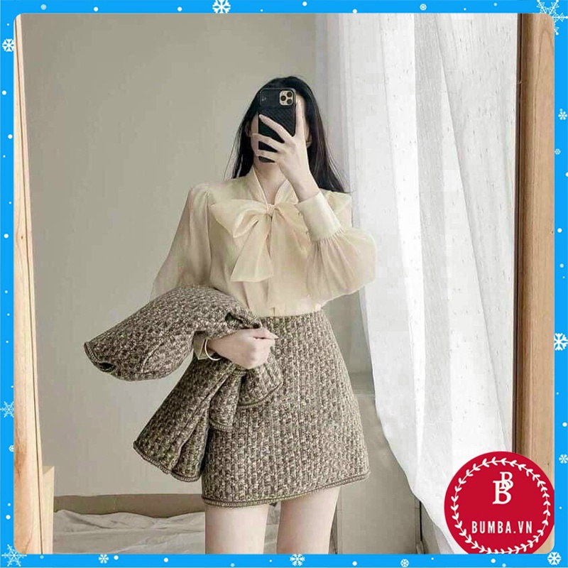 Áo Sơ Mi Dài Tay Nữ Form Rộng Vải Tơ 2 Lớp Thắt Nơ Công Sở