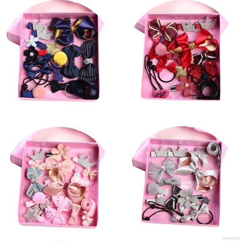 Set 18 phụ kiện tóc phối nơ nhiều kiểu phong cách công chúa cho bé gái