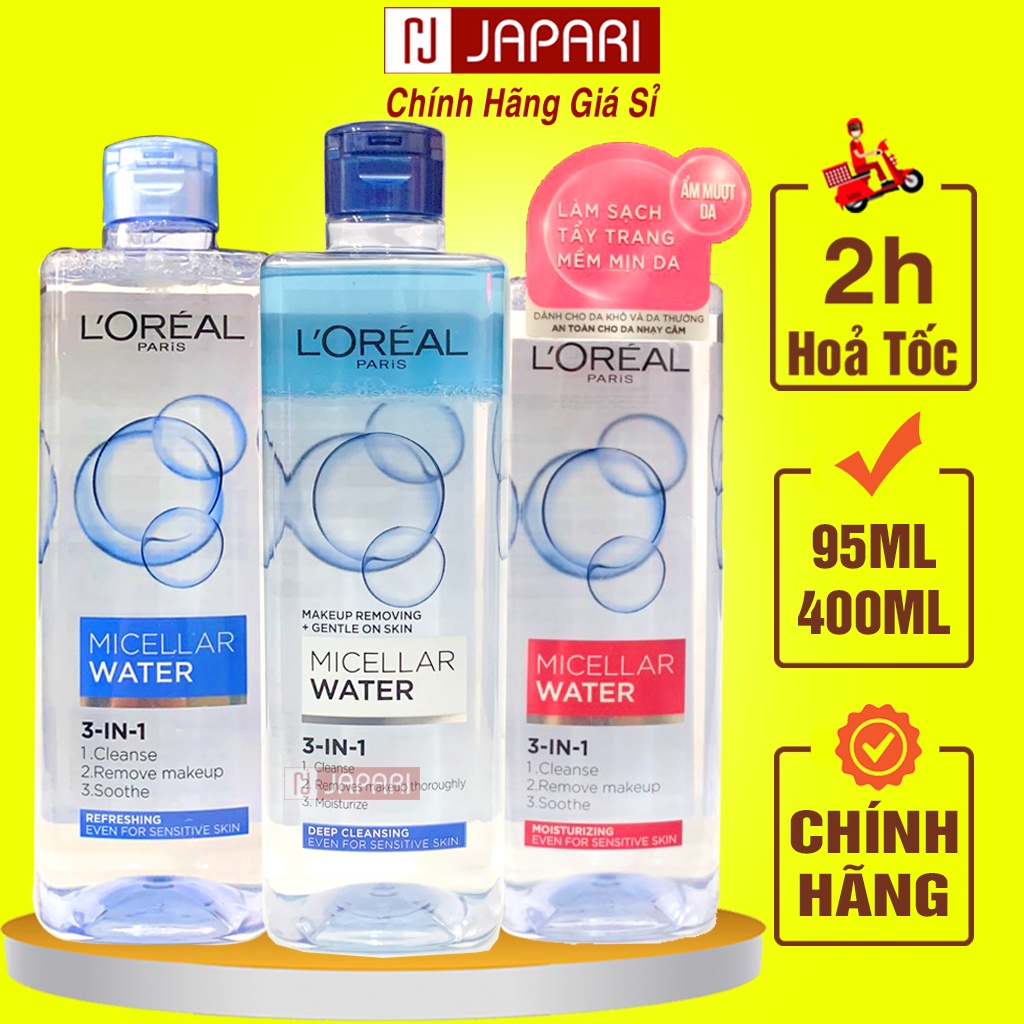 Nước Tẩy Trang Loreal 400ml, 95ml Micellar Water CHÍNH HÃNG- Tẩy Trang L Oreal Cho Da Dầu Mụn Khô Nhạy Cảm Lorea JAPARI
