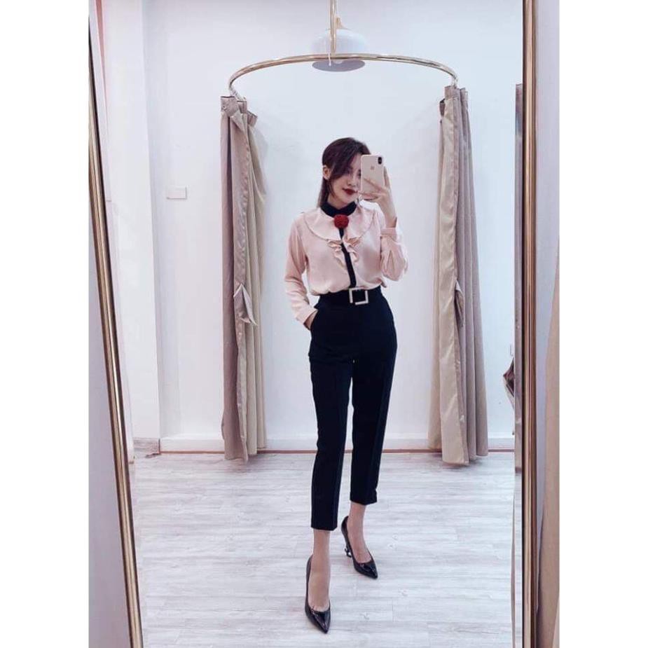 Quần baggy nữ họa tiết đai vuông quần tây công sở đai vuông chất tuyết mưa đứng from, thời trang Banamo Fashion 834