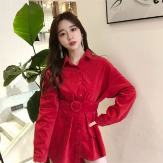 Đầm sơ mi nhung kèm belt