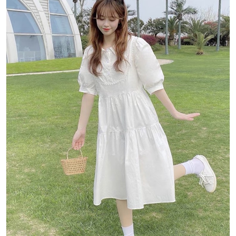 Váy Babydoll Cổ Bẻ Form Rộng Ulzzang - Đầm Babydoll Trắng Dài Qua Gối VD05