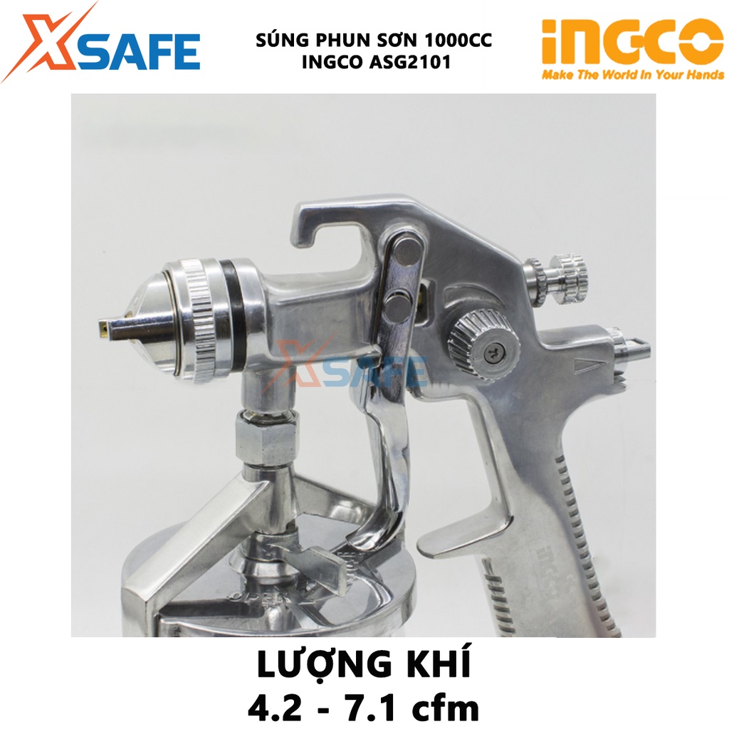 Súng phun sơn INGCO ASG2101 Máy phun sơn đầu phun tiêu chuẩn 1.4mm, dung tích bình sơn 1000cc, đầu phun 1.3-2.5mm