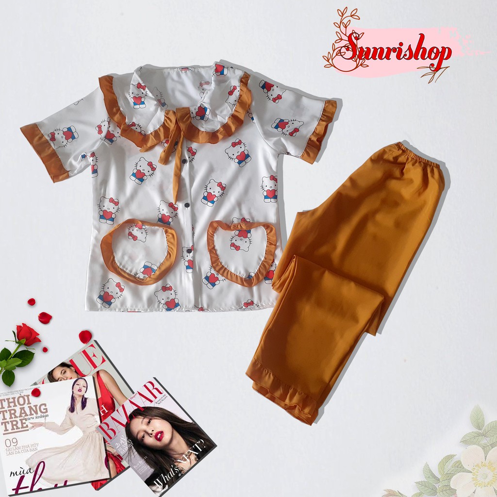 Đồ Ngủ Nữ, Đồ Bộ Mặc Nhà Nữ Hot Trend Sunri Shop - Pijama Kate Lụa Tiểu Thư Dễ Thương Tay Ngắn Quần Dài Vải Kate Lụa Mềm