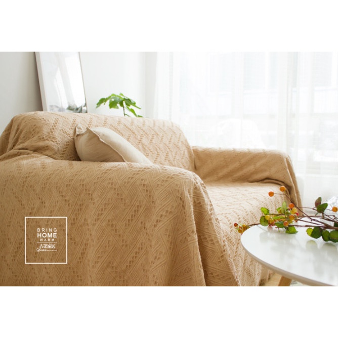 Chăn Thảm Phủ Ghế Sofa Đan Len Tua Rua Phong Cách BOHEMIAN Màu Be Họa Tiết Chéo