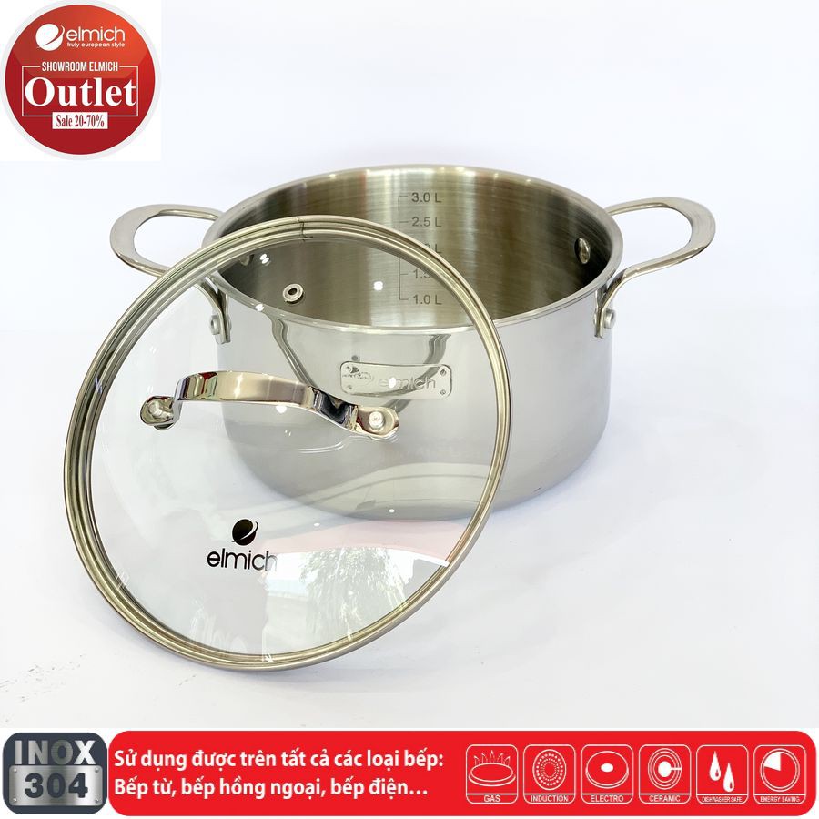 Bộ Nồi 4 Chiếc Inox 304 3 Lớp Đáy Liền ELMICH Trimax 3742 Size 18/20/26 Chảo 26cm