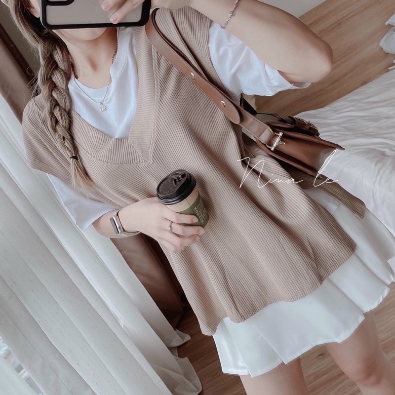 Sét váy thời trang nữ mặc đi chơi áo cotton mix chân váy xếp ly tuyết mưa kèm áo gile gân