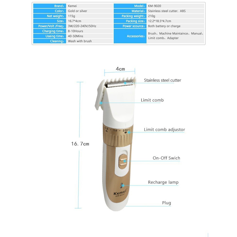 Bộ tông đơ Kemei KM-9020 có thể tái sạc tiện dụng cho nam và nữ