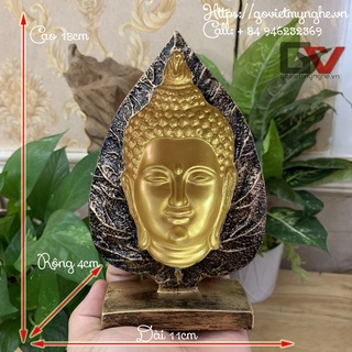 Tượng đá trang trí tượng Phật Thích Ca in trên Lá Bồ Đề phiên bản 3D - Chiều cao 18cm - Màu Nhũ Vàng
