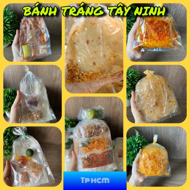 10 loại bánh tráng tây ninh sate, me, bơ, ruốc, muối tỏi xike, muối chay hành phi, bánh tráng trộn thập cẩm.