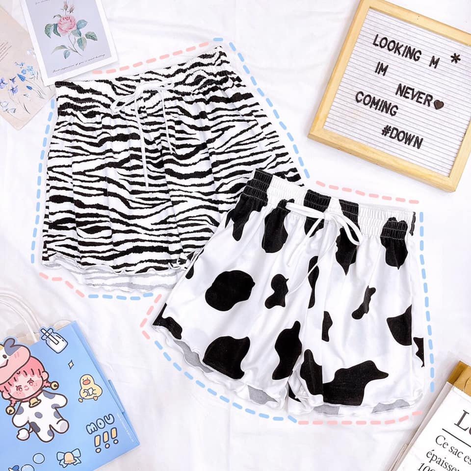 Bộ Ngủ 2 Dây Bò Sữa  Quần Short - Set Áo Hai Dây Trâu Cute Mix Quần Đùi Báo Đốm Ngựa Vằn Bò Sữa