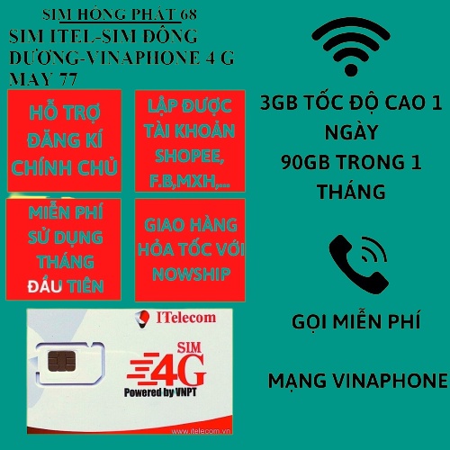 [Yêu thíc ]Sim 4G (Vinaphone) Itelecom,sim đông dương,indochina giá rẻ dùng tạo tài khoản zalo,fb,shopee,tiki,lazada..vv