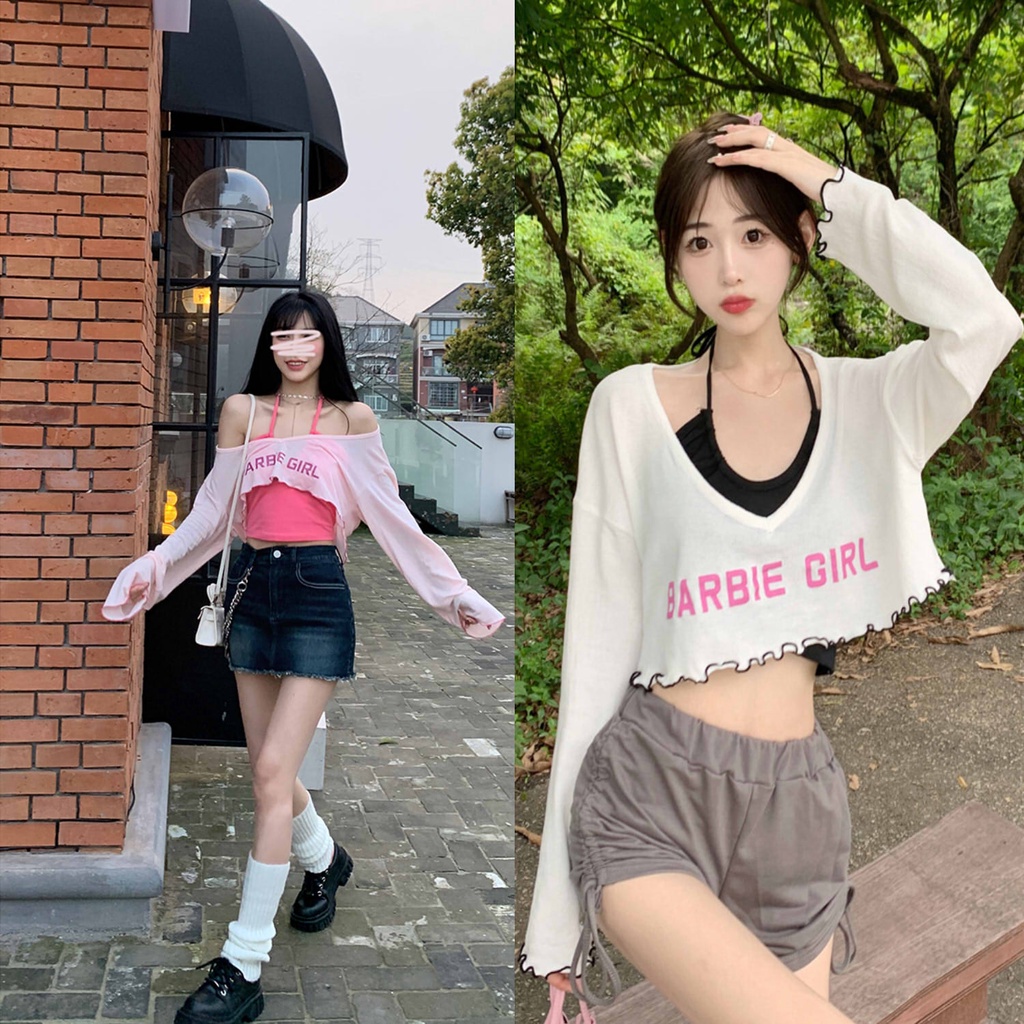 Set 2 món croptop BarBie Girl dài tay áo yếm kèm áo thun phông ngắn hè thu trẻ trung đi chơi đi biển hottrend 2022