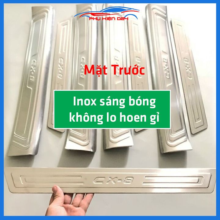 Bộ ốp bậc cửa trong ngoài nẹp bước chân CX-8, CX8 2019-2020-2021-2022 Inox chống trầy trang trí xe