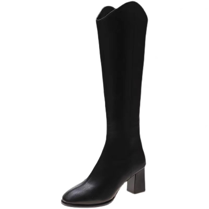 Bốt nữ cổ V cao dưới gối ôm chân gót cao 7cm có khoá kéo