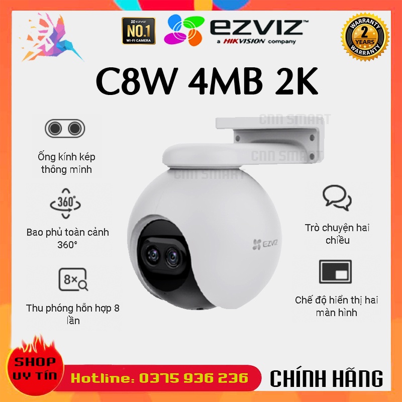 Camera IP Wifi Ezviz Xoay 360 ngoài trời C8PF 2M 1080P, ống kính kép Zoom 8X, còi hú, Đàm thoại 2 chiều - Chính hãng