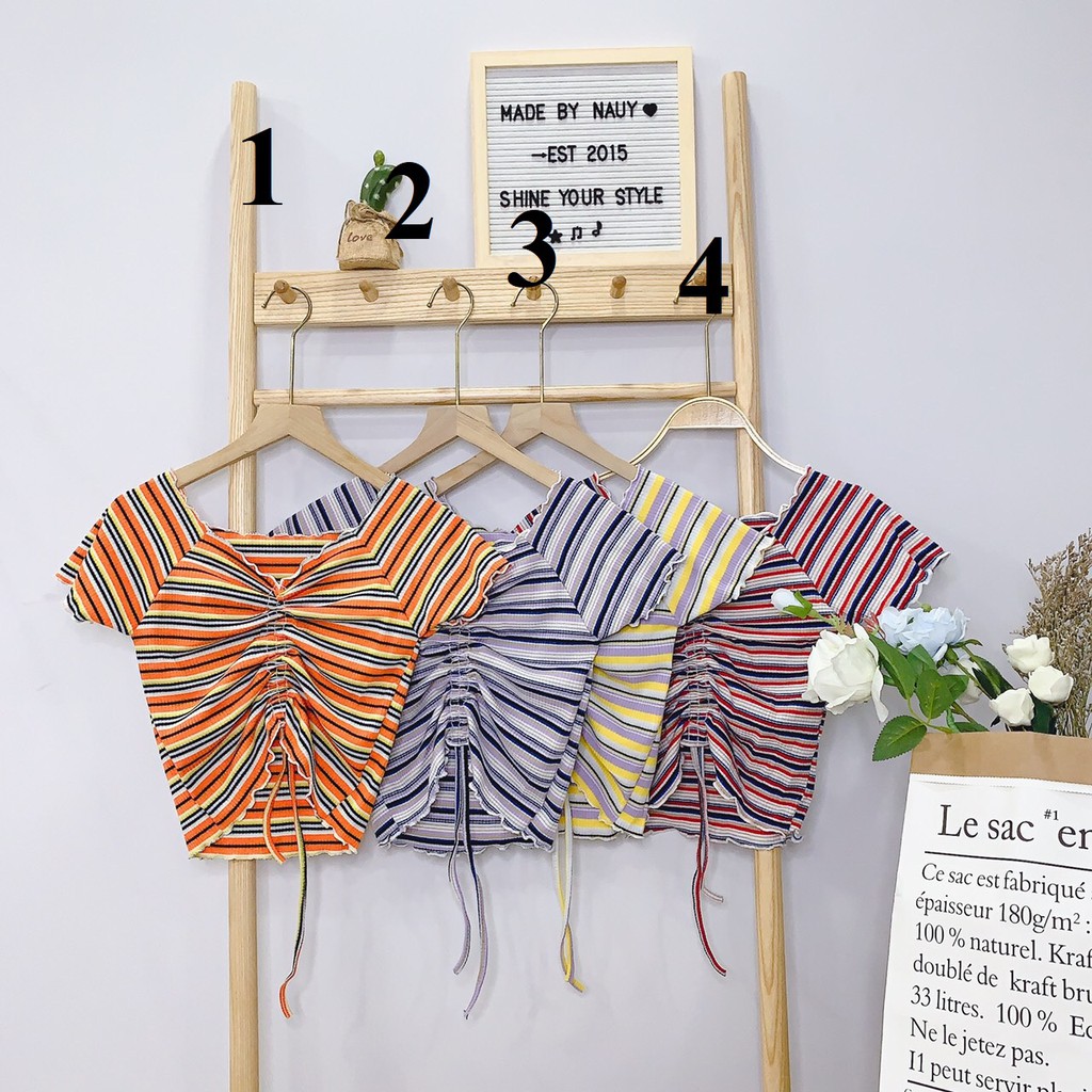 Siêu phẩm thun gân sọc màu phối rút dây ngực xinh xinh