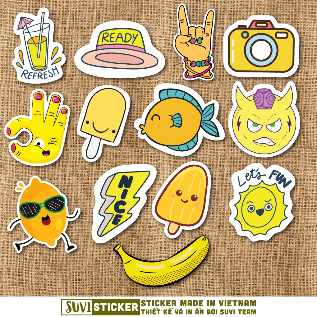50 Sticker Màu Vàng Yellow chống nước sticker dán laptop, điện thoại, đàn guitar, mũ bảo hiểm, vali. MSP: C06