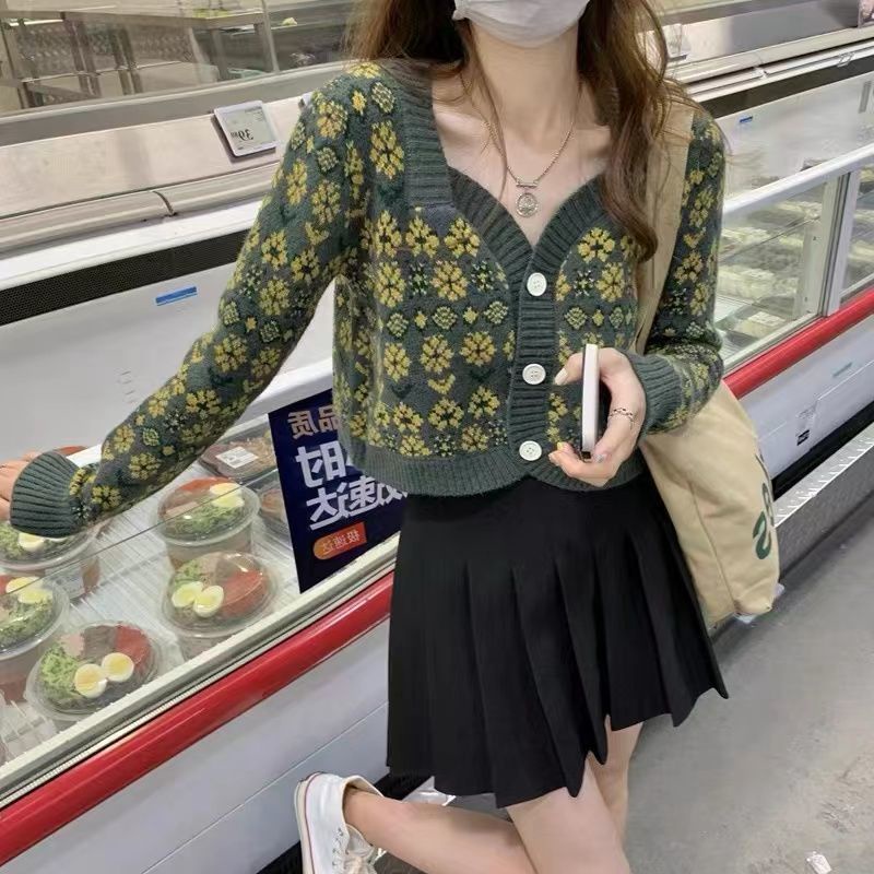 Áo Khoác cardigan Dệt Kim Ngắn Cổ Vuông In Họa Tiết Hoa Phong Cách Phương Tây Thời Trang Mùa Thu Hàng Mới Dành Cho Bạn Nữ