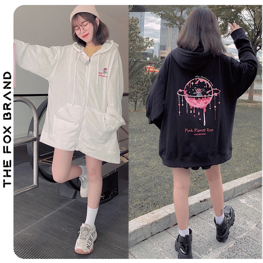 Áo khoác Hoodie THE FOX áó khoác nỉ bông dáng Unisex Form rộng phong cách Ulzzang in hình Planet Rose