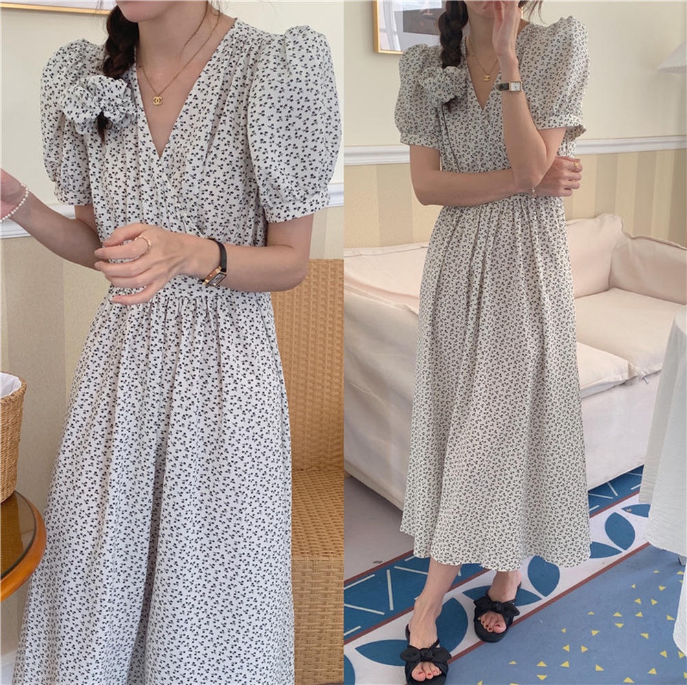 Đầm Tay Ngắn Dáng Ôm Cổ Chữ V In Hoa Thời Trang 50814