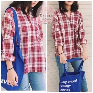 [Ảnh thật] Áo sơ mi oversize sọc caro đỏ hồng ulzzang