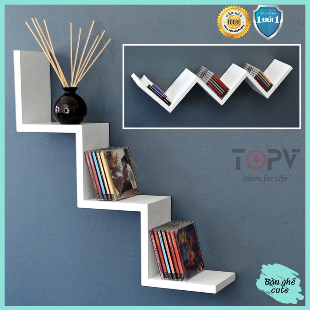 Kệ sách gỗ ziczac TopV giá sách treo tường tủ để đựng đỡ kê vở cho bé decor nhỏ mini giá rẻ Bàn Ghế Cute