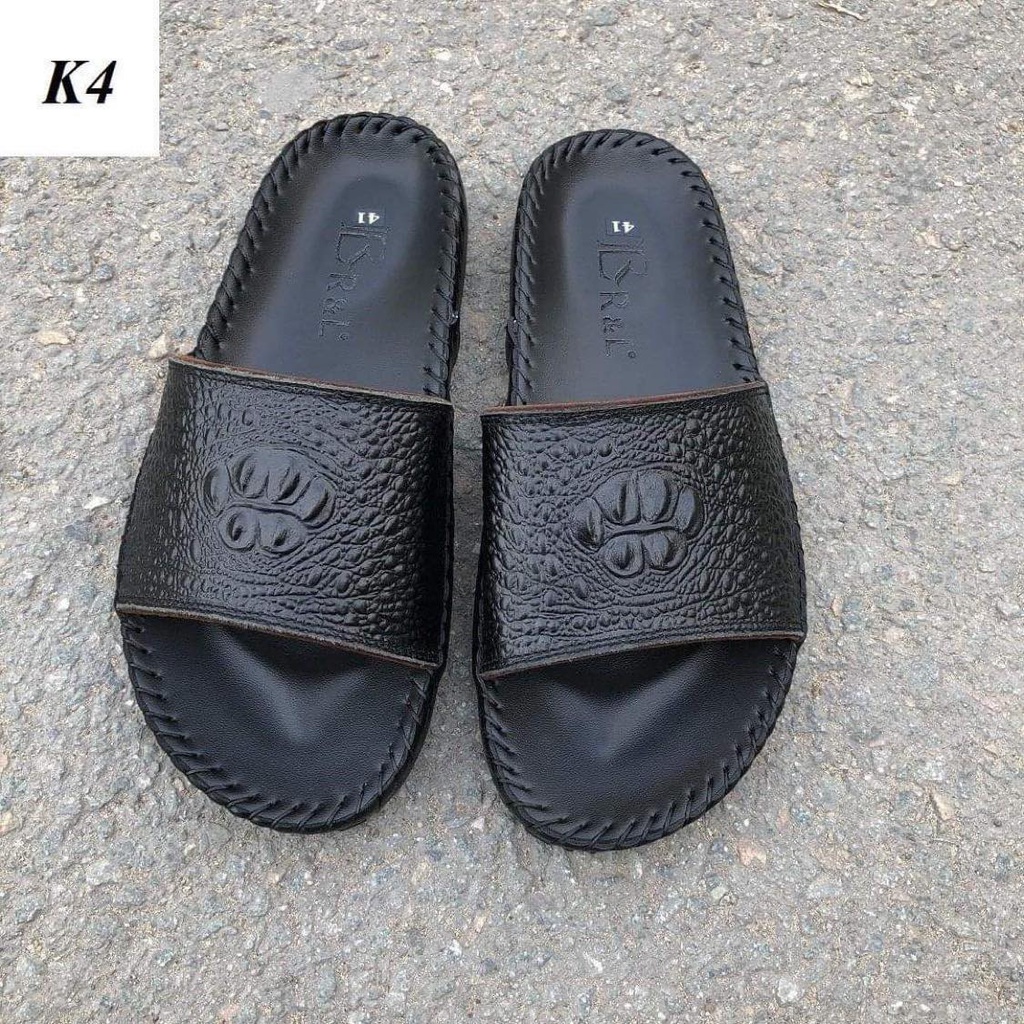 Dép Nam quai ngang trơn da bò in vân gù cá sấu nhỏ , K4