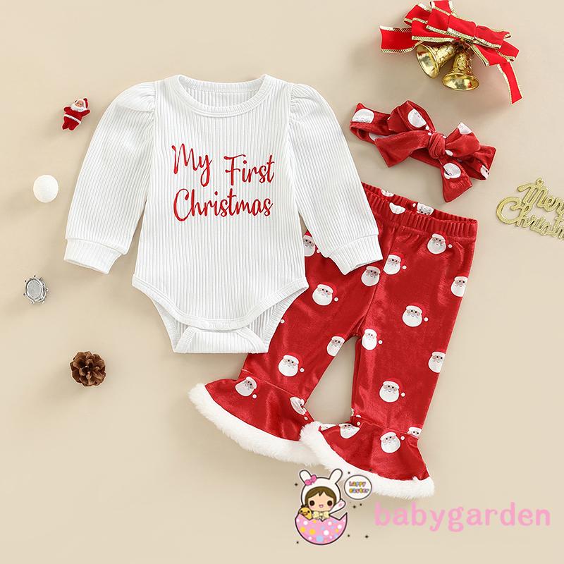 Set Áo Liền Quần &amp; Quần Dài In Chữ &amp; Băng Đô Quấn Đầu In Họa Tiết Giáng Sinh Cho Bé Gái 0-18 Tháng Tuổi