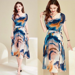 Đầm lụa họa tiết suông cánh dơi nơ eo M.L.XL