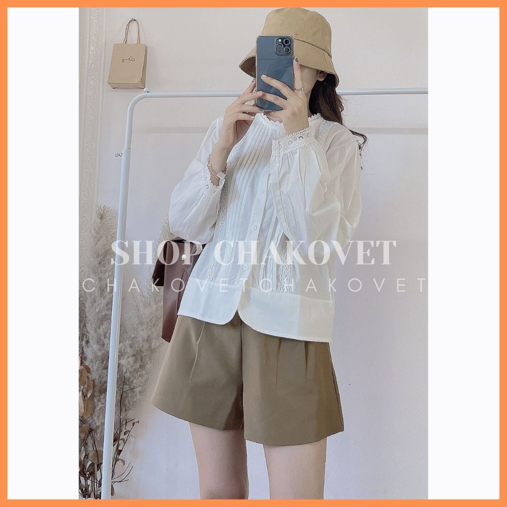 Áo sơ mi nữ dài tay eo cao phối ren tay bồng, áo kiểu nữ dáng Croptop -CKA129