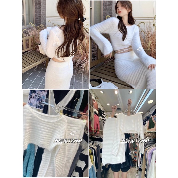 Set len lông thỏ áo croptop thắt dây eo chân váy body dài xẻ đùi