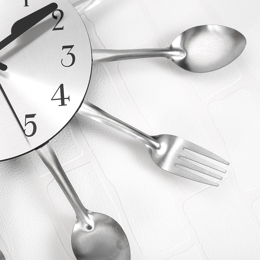 Silver Cutlery Fork Spoon Retro Wall Clock Modern Deco For Kitchen Home Office