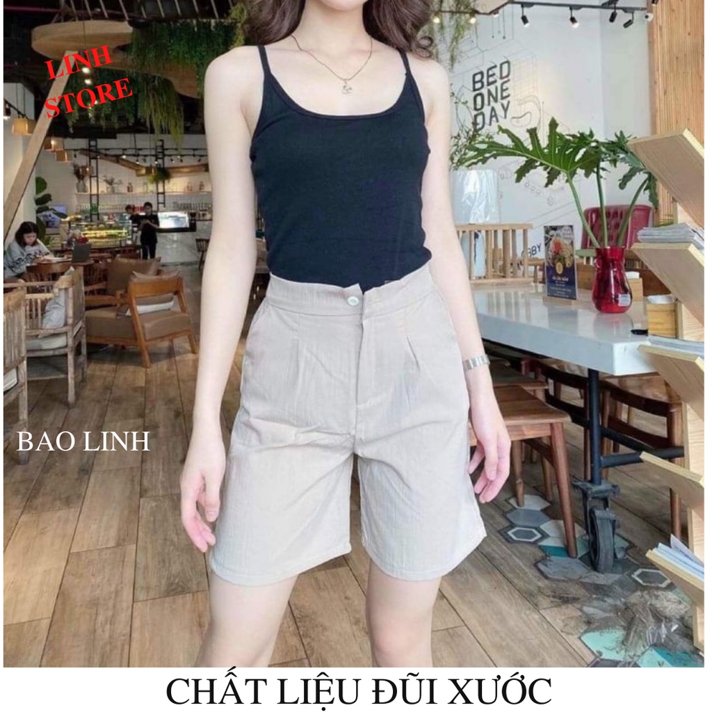 Quần Đùi Nữ Lưng Cao LINH STORE Bigsize Ống Rộng Lưng Chun Khóa Thật Chất Liệu Đũi Xước