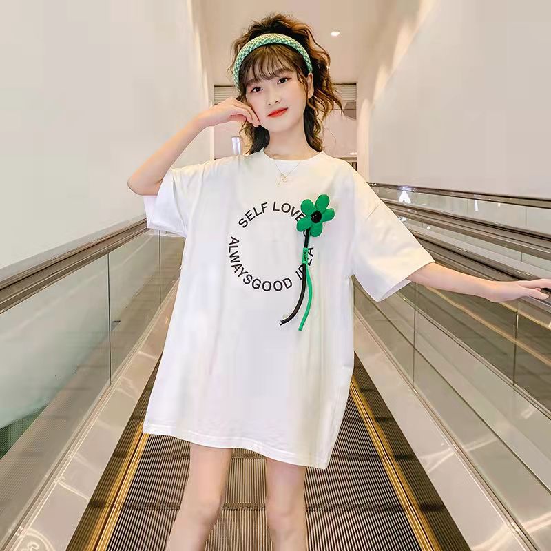 Áo baby tee thun nữ cotton tay ngắn thêu họa tiết màu sắc tương phản thời trang mùa hè 7-10 Tuổi
