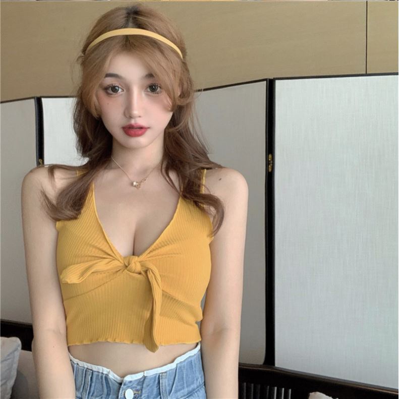 Áo Croptop Hai Dây Cổ Trễ Chữ V Phối Viền Có Dây Thắt Nơ,Áo Croptop Thiết Kế Màu Trơn Phong Cách Hàn Cực Đẹp