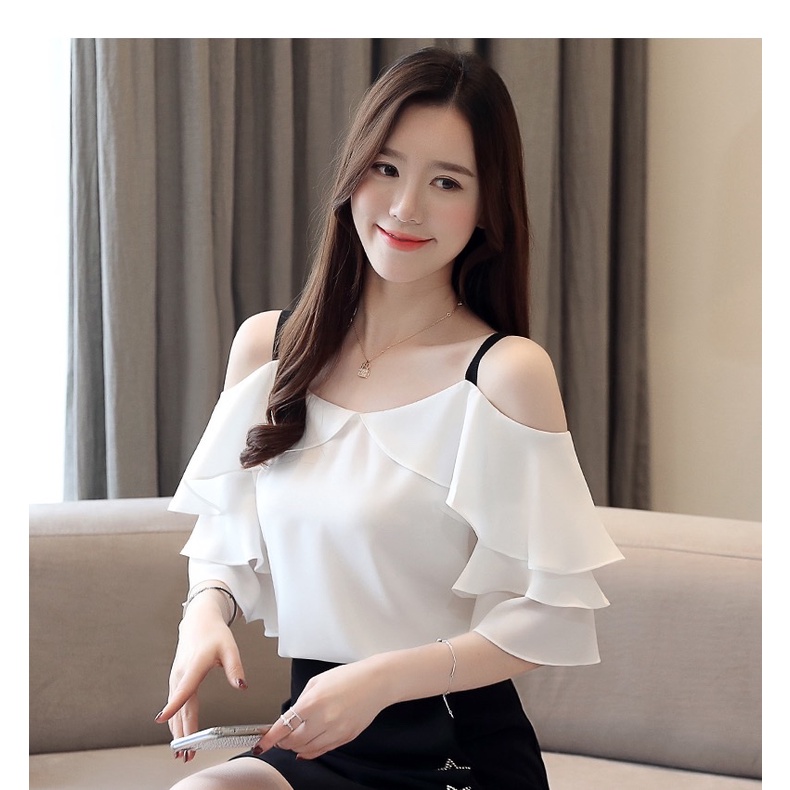 Áo 2 Dây Vải Voan Lụa Ý Trễ Vai Phong Cách Hàn Quốc Thanh Lịch Danh Cho Nữ Văn Phòng Công Sở