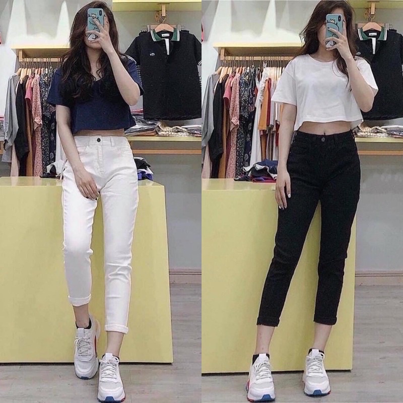 Quần jean baggy trắng đen 9 tấc co giãn