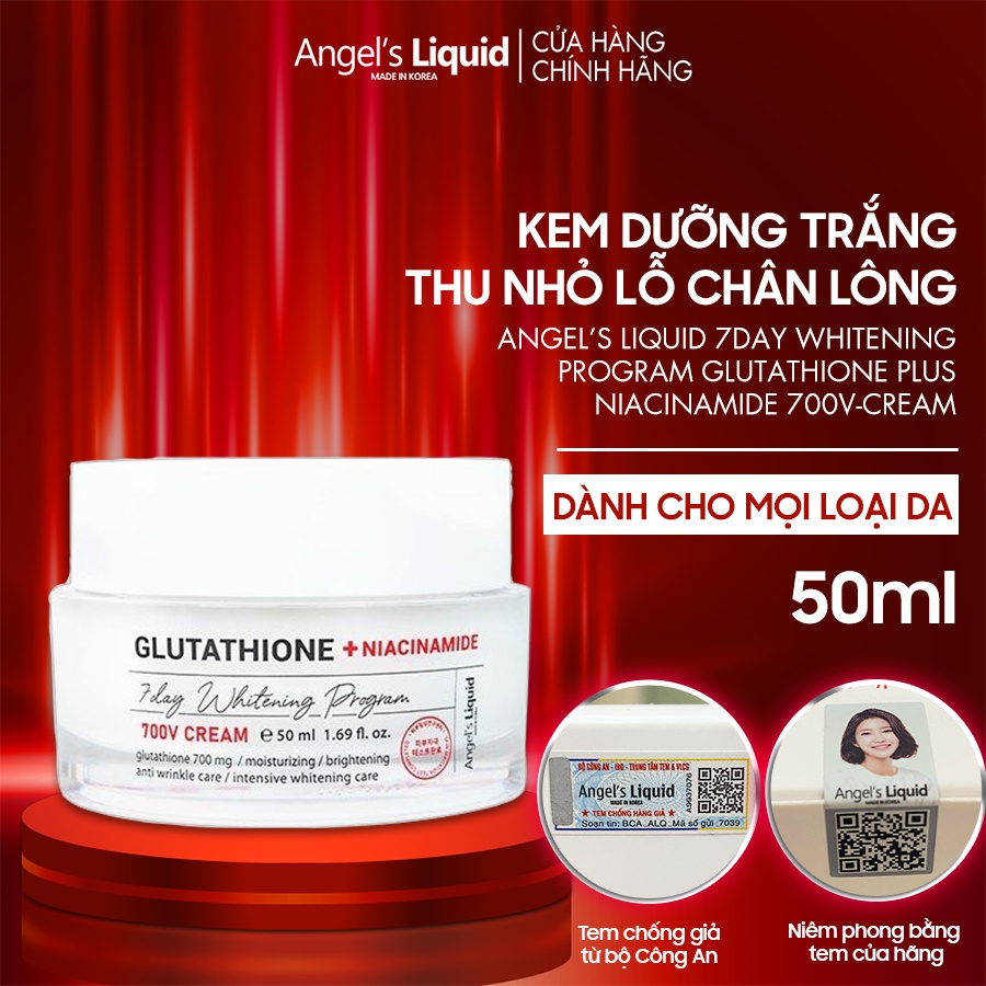 Kem Dưỡng Trắng Se Khít Lỗ Chân Lông Angel's Liquid Glutathione + Niacinamide 7Day Whitening Program 700V-Cream 50ml