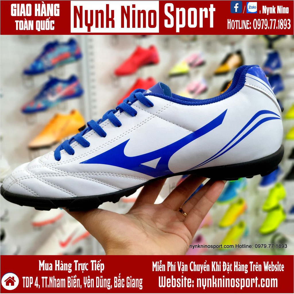 Giày Bóng Đá Mizuno Monarcida Neo Classic Trắng Vạch Xanh Biển TF