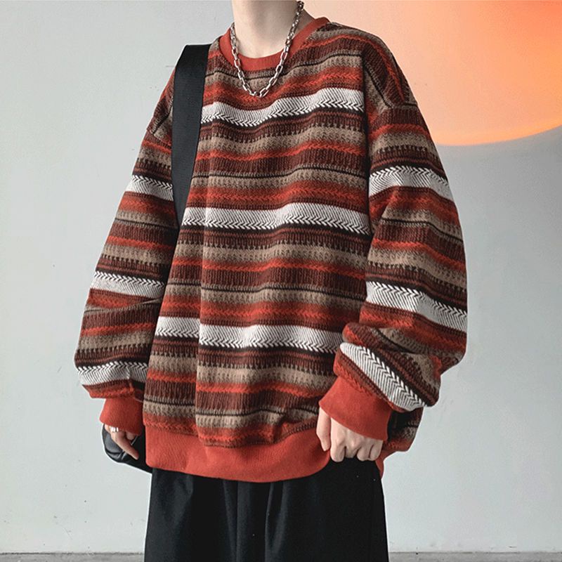 Áo Sweater Cổ Tròn Dáng Rộng Họa Tiết Kẻ Sọc Phong Cách Hong Kong Thời Trang Cho Nam Plus Size