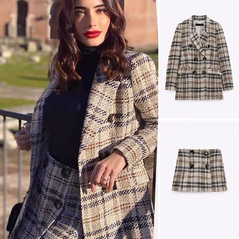 Set áo khoác blazer dạ kẻ caro Zara xuất (có ảnh thật cận chất)