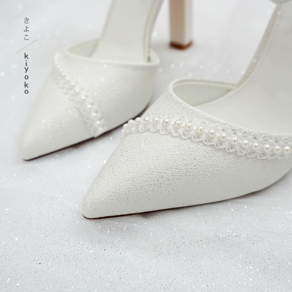 Giày cưới cao cấp Kiyoko đính viền baby và nơ xinh xắn | gót vuông 10cm