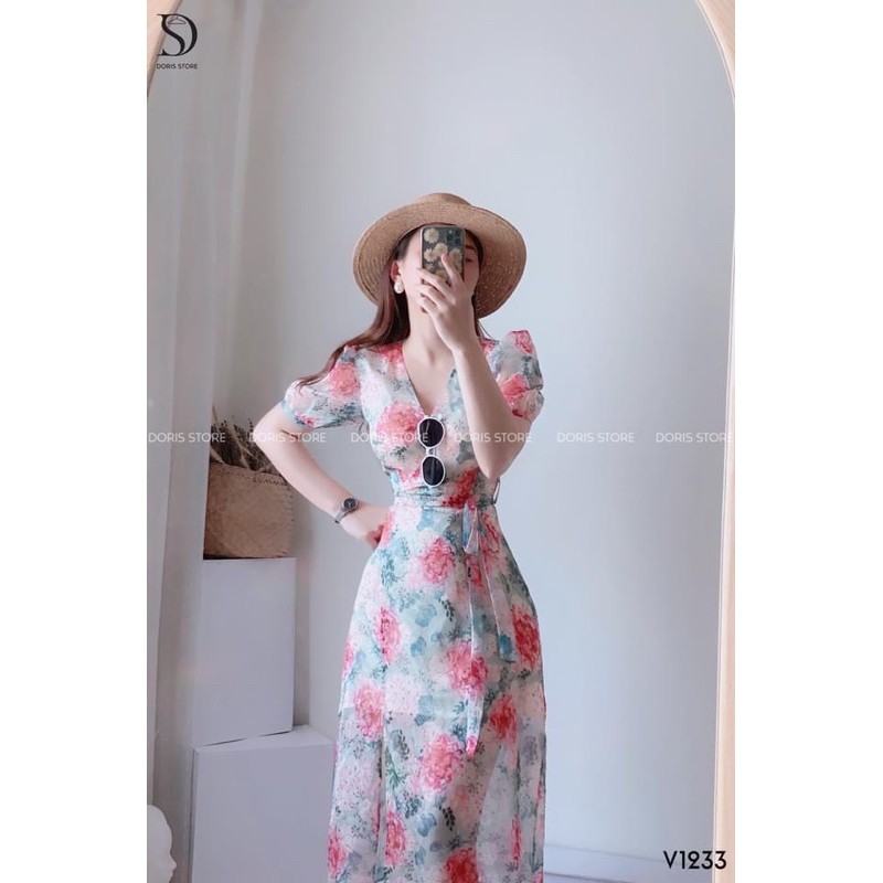 VÁY HOA TƠ HỒNG XANH CỔ V ĐAI EO CHO NỮ | BigBuy360 - bigbuy360.vn