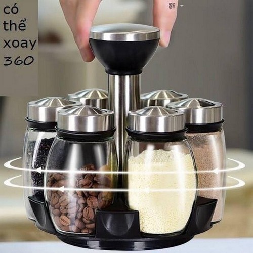 Bộ 6 Lọ Đựng Gia Vị Thủy Tinh Kèm Giá Để Xoay 360 Độ